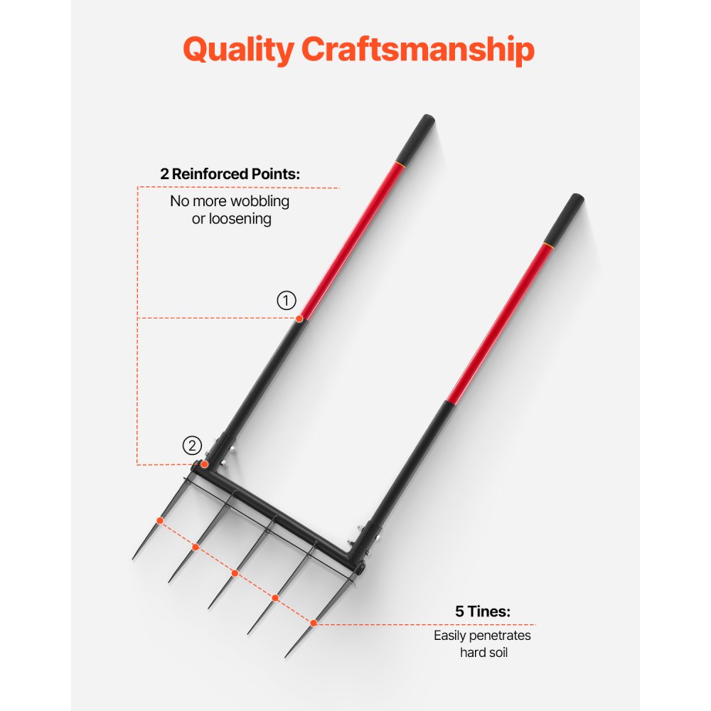 VEVOR bredgaffel, 5-tinders høygaffel med doble glassfiberhåndtak, kraftig hagegaffel, ergonomisk U-formet design bredgaffelhåndfreser, hageverktøy for kompostering, omplanting, lufting