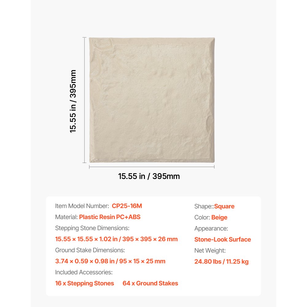 VEVOR Hagesteiner, 16 stk. 39,5 x 39,5 cm, dekorative steiner med staker, værbestandige plastbelegg, glatt overflate, utendørs gangsti for plen/terrasse, beige