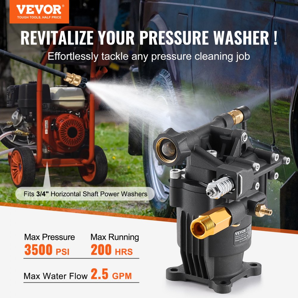 VEVOR høytrykksspylerpumpe, 19 mm (3/4") aksel horisontal, 241 bar (3500 PSI), 9,5 l/min (2,5 GPM), reserve høytrykksspylerpumpesett med 5 dyser, maskinvare og sifonrør, kompatibel med Simpson, Honda, Troy-Bilt, Generac