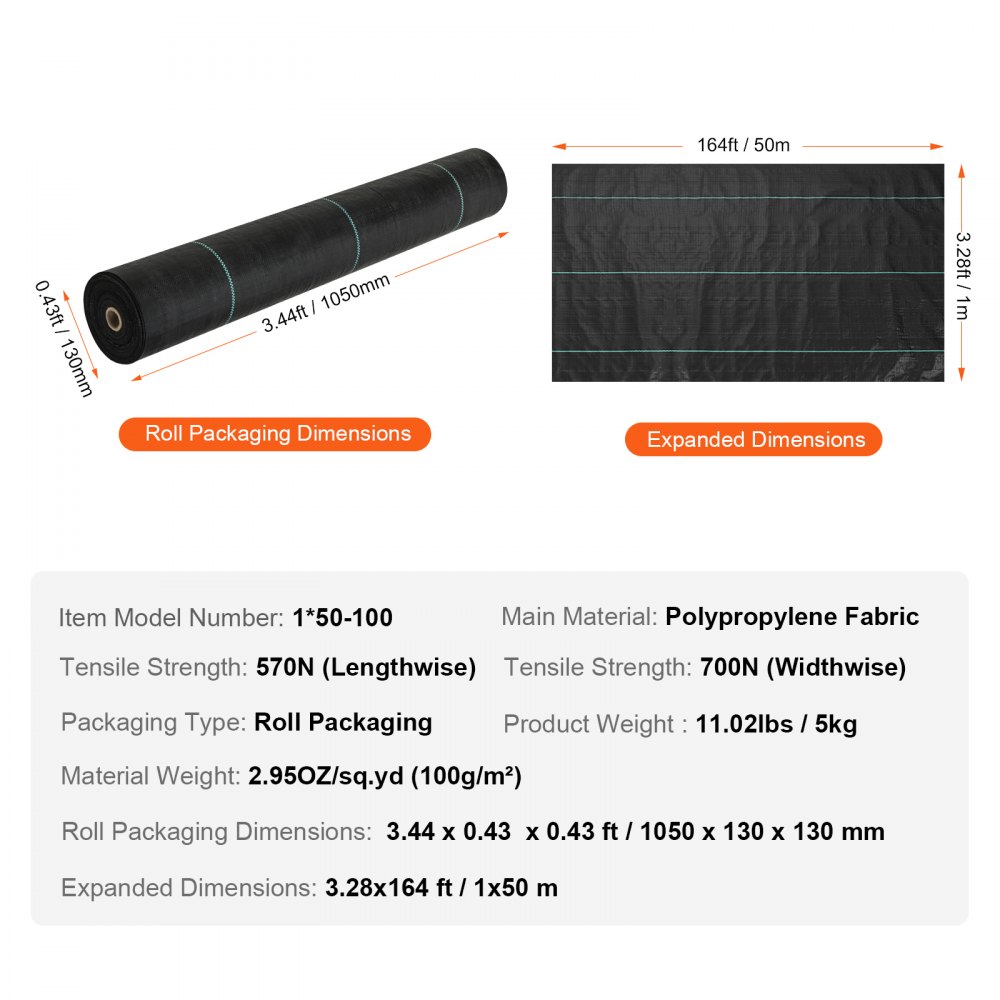 VEVOR ugresssperrestoff for landskapsarbeid, 3,28*164FT kraftig hageugressstoff, vevd PP-ugresskontrollstoff, innkjørselstoff, geotekstilstoff for landskapsarbeid, bunndekke, ugressblokkermatte, svart