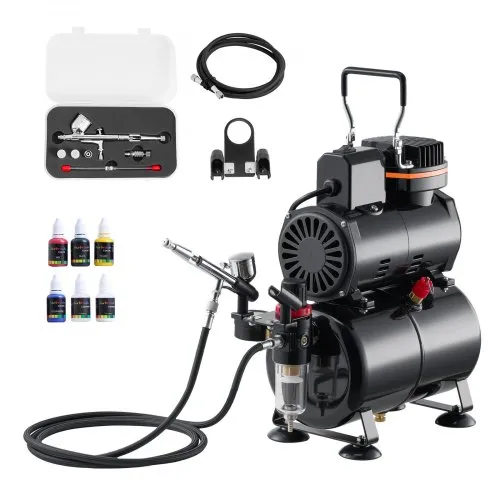 VEVOR Airbrush-sett, 1/6 hk, luftbørstesett med luftkompressor og tank, 1 profesjonell airbrush med dobbel virkning og 3 tupper, akrylmaling, lavt støynivå, for kakedekorering, modellmaling, neglekunst