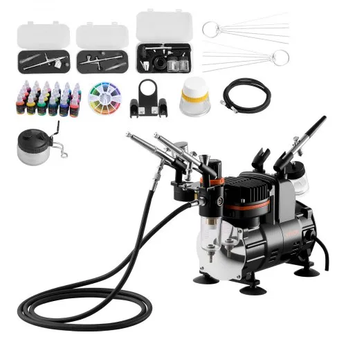VEVOR Airbrush-sett, 1/6 hk, luftbørstesett med luftkompressor, 3 profesjonelle airbrushes med dobbeltvirkende effekt og 3 tupper, slange, akrylmaling, pensel, lavt støynivå, for kakedekorering, modellmaling, neglekunst