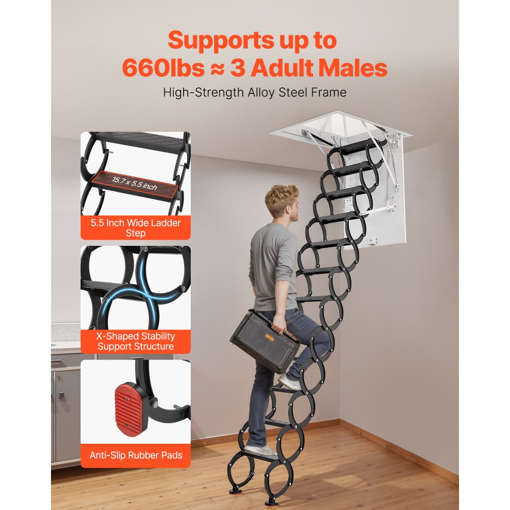 VEVOR Attic Ladder, 660LBS/299.4KG Capacity, Fits 10.5 to 11 ft Ceiling Height and 39.4 x 27.5 inch Opening Size, Alloy Steel Pull-Down Retractable Ceiling Stair with Pulling Rod for Attic Loft Roof