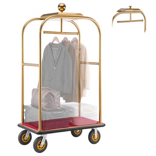 VEVOR hotellbagasjevogn, 544,31 kg kraftig bellman-vogn med ramme i rustfritt stål, 203 mm gummihjul, rødt teppebelagt dekk, kommersiell bagasjevogn med rulle for hoteller, feriesteder, gull