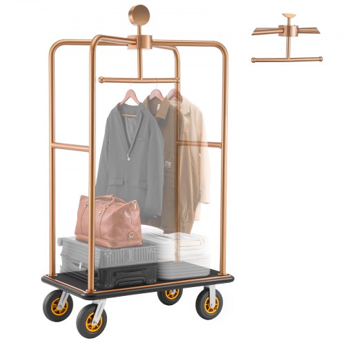 VEVOR hotellbagasjevogn, 544,31 kg kraftig piccolovogn ​​med ramme i rustfritt stål, 203 mm gummihjul, svart teppebelagt dekk, kommersiell bagasjevogn med rulle for hoteller, feriesteder, roségull
