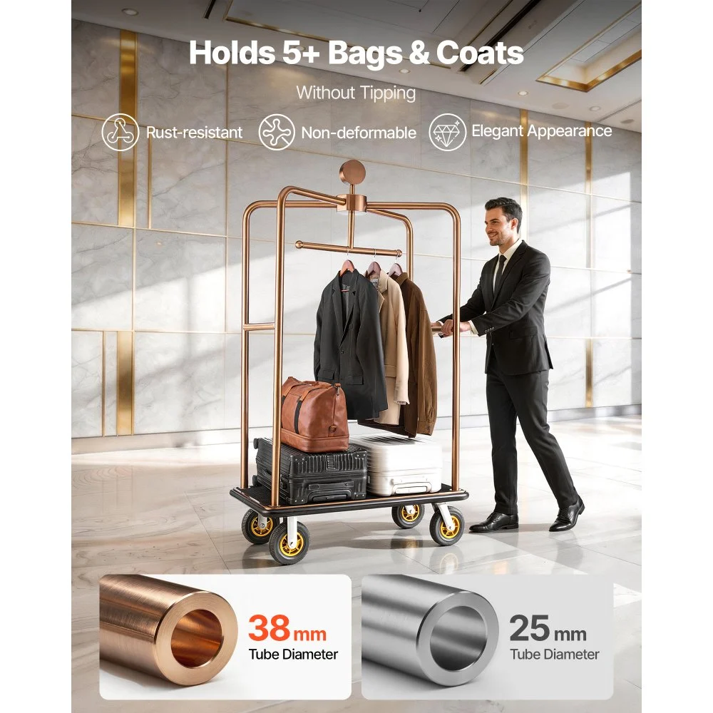 VEVOR hotellbagasjevogn, 544,31 kg kraftig piccolovogn ​​med ramme i rustfritt stål, 203 mm gummihjul, svart teppebelagt dekk, kommersiell bagasjevogn med rulle for hoteller, feriesteder, roségull