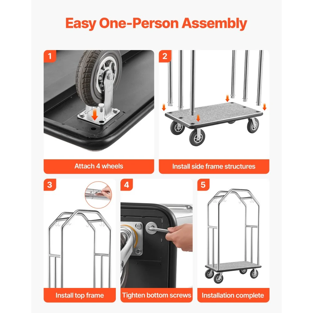 VEVOR Hotel Luggage Cart, 680.39 kg Heavy Duty Bellman Cart with Stainless Steel Frame, 203 mm Rubber Wheels, Gray Carpeted Deck, Commercial Luggage Carrier Rolling Trolley for Hotels,Resorts,Silver