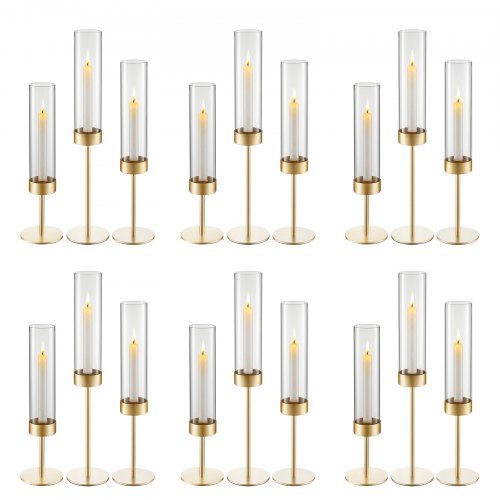VEVOR Hurricane lysestaker sett med 18, gullfarget metallstativ med klare glassylindere, elegante lagdelte midtpunktsdekorasjoner vindbeskyttelse for bryllup, borddekorasjoner, fest, hjemmedekor, moderne stil