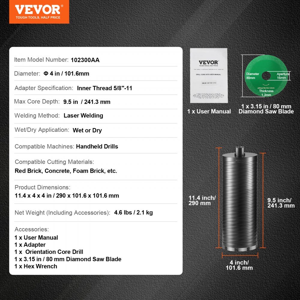 VEVOR Core Drill Bit, 10.2 cm Wet/Dry Diamond Core Drill Bits for Brick and Block, Concrete Core Drill Bit with Pilot Bit Adapter and Saw Blade, 24.1 cm Drilling Depth, 1.6 cm-11 Inner Thread, Laser Welding