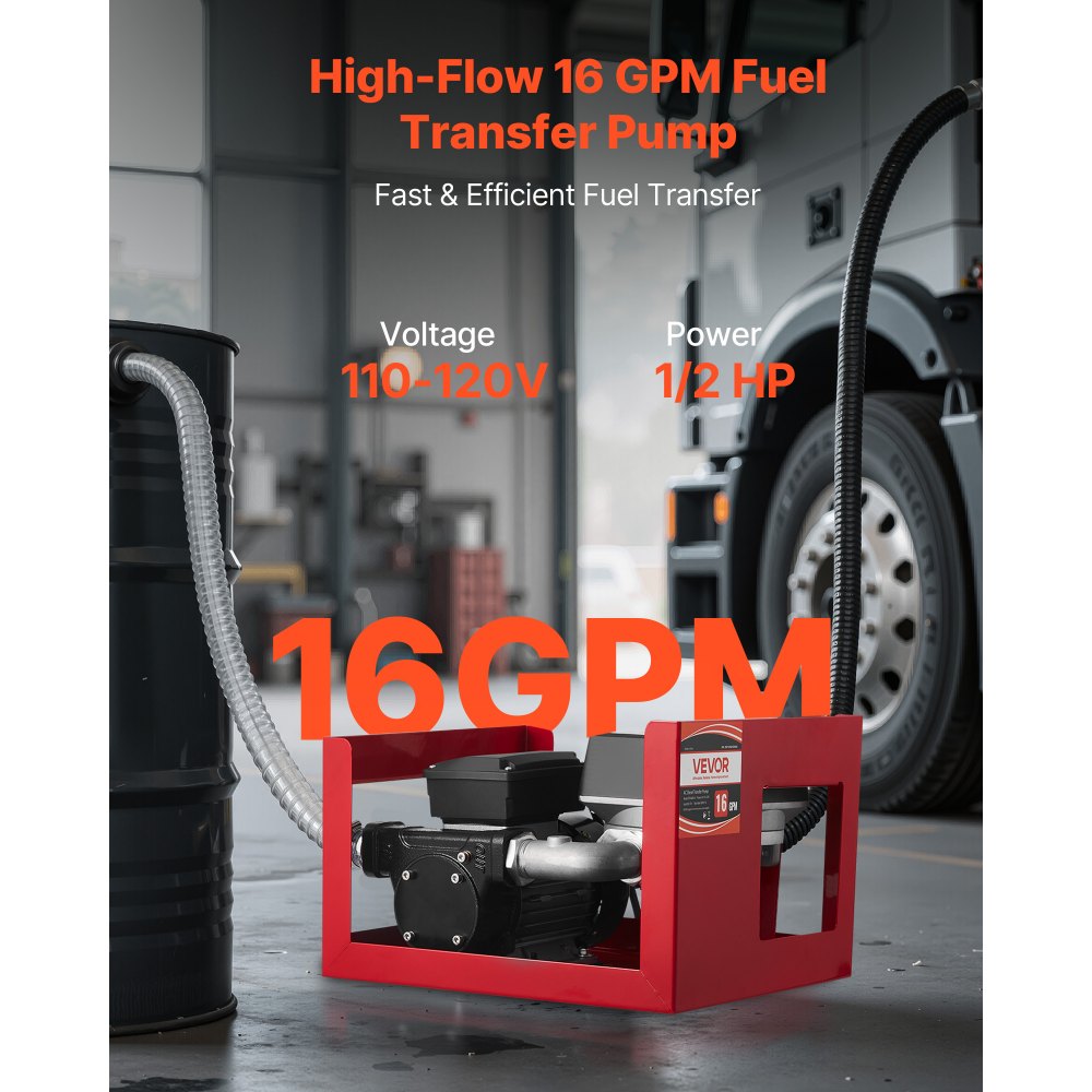 VEVOR drivstoffoverføringspumpe 230V, 16 GPM 60 L/min, AC elektrisk oljeoverføringspumpe for diesel parafin biodiesel, med måler, automatisk drivstoffdyse og 2 slanger, 45 ft/13,7 m løftehøyde, for kjøretøy, byggeplasser