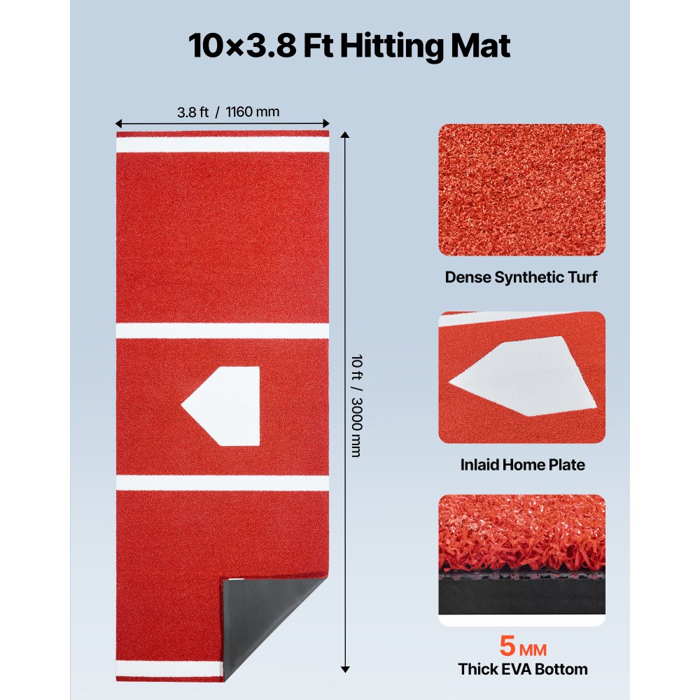 VEVOR Baseball Slagmatte, 300x116 cm Batting Cage Mat, Batters Box Turf Mats, Softball Batting Treningsutstyr med Home Plate og Anti-Fade Turf, Bærbart Treningshjelpemiddel for Innendørs Utendørs, Rød