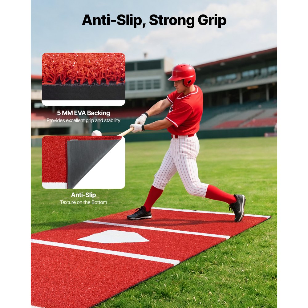 VEVOR Baseball Slagmatte, 300x116 cm Batting Cage Mat, Batters Box Turf Mats, Softball Batting Treningsutstyr med Home Plate og Anti-Fade Turf, Bærbart Treningshjelpemiddel for Innendørs Utendørs, Rød