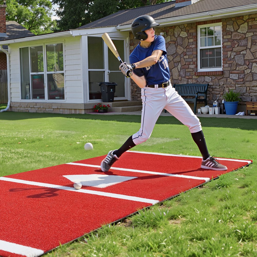 VEVOR Baseball Slagmatte, 300x116 cm Batting Cage Mat, Batters Box Turf Mats, Softball Batting Treningsutstyr med Home Plate og Anti-Fade Turf, Bærbart Treningshjelpemiddel for Innendørs Utendørs, Rød