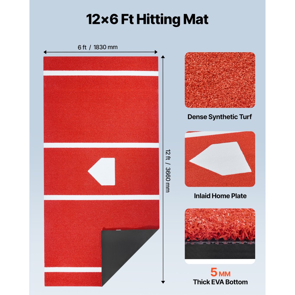 VEVOR Baseball Slagmatte, 366x183cm Batting Cage Mat, Batters Box Turf Mats, Softball Batting Treningsutstyr med Home Plate og Anti-Fade Turf, Bærbart Treningshjelpemiddel for Innendørs Utendørs, Rød
