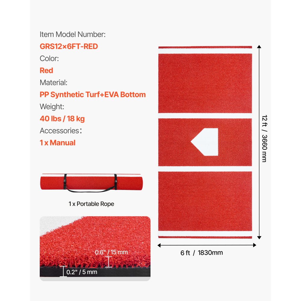 VEVOR Baseball Slagmatte, 366x183cm Batting Cage Mat, Batters Box Turf Mats, Softball Batting Treningsutstyr med Home Plate og Anti-Fade Turf, Bærbart Treningshjelpemiddel for Innendørs Utendørs, Rød
