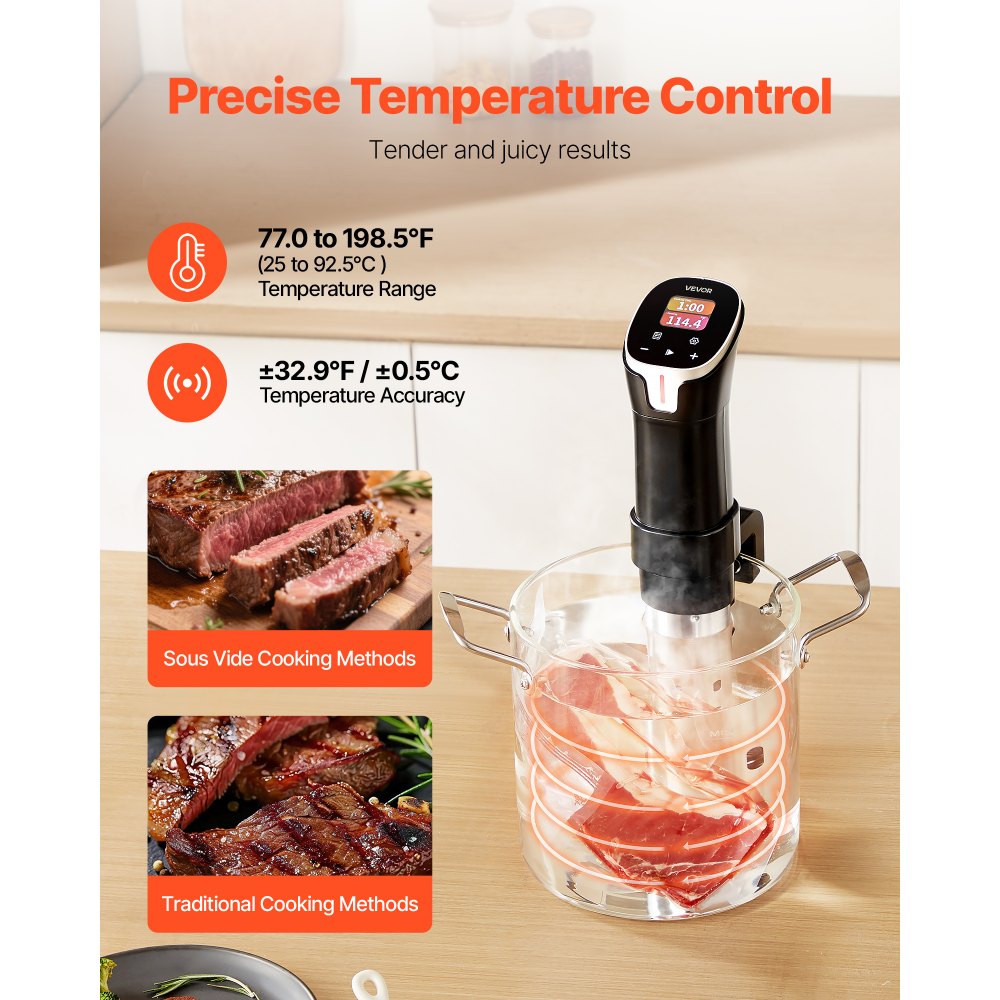VEVOR Sous Vide Presisjonskoker, 1100W Sous-Vide Matlagingsmaskin, WIFI Immersion Sirkulator med 10 forhåndsinnstilte oppskrifter, LCD Berøringsskjerm, Hurtigoppvarming, Nøyaktig Temperatur og Timer, Appkontroll, Sous-Vide