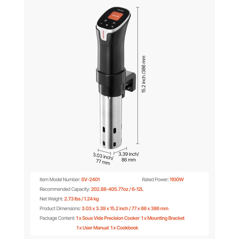VEVOR Sous Vide Presisjonskoker, 1100W Sous-Vide Matlagingsmaskin, WIFI Immersion Sirkulator med 10 forhåndsinnstilte oppskrifter, LCD Berøringsskjerm, Hurtigoppvarming, Nøyaktig Temperatur og Timer, Appkontroll, Sous-Vide
