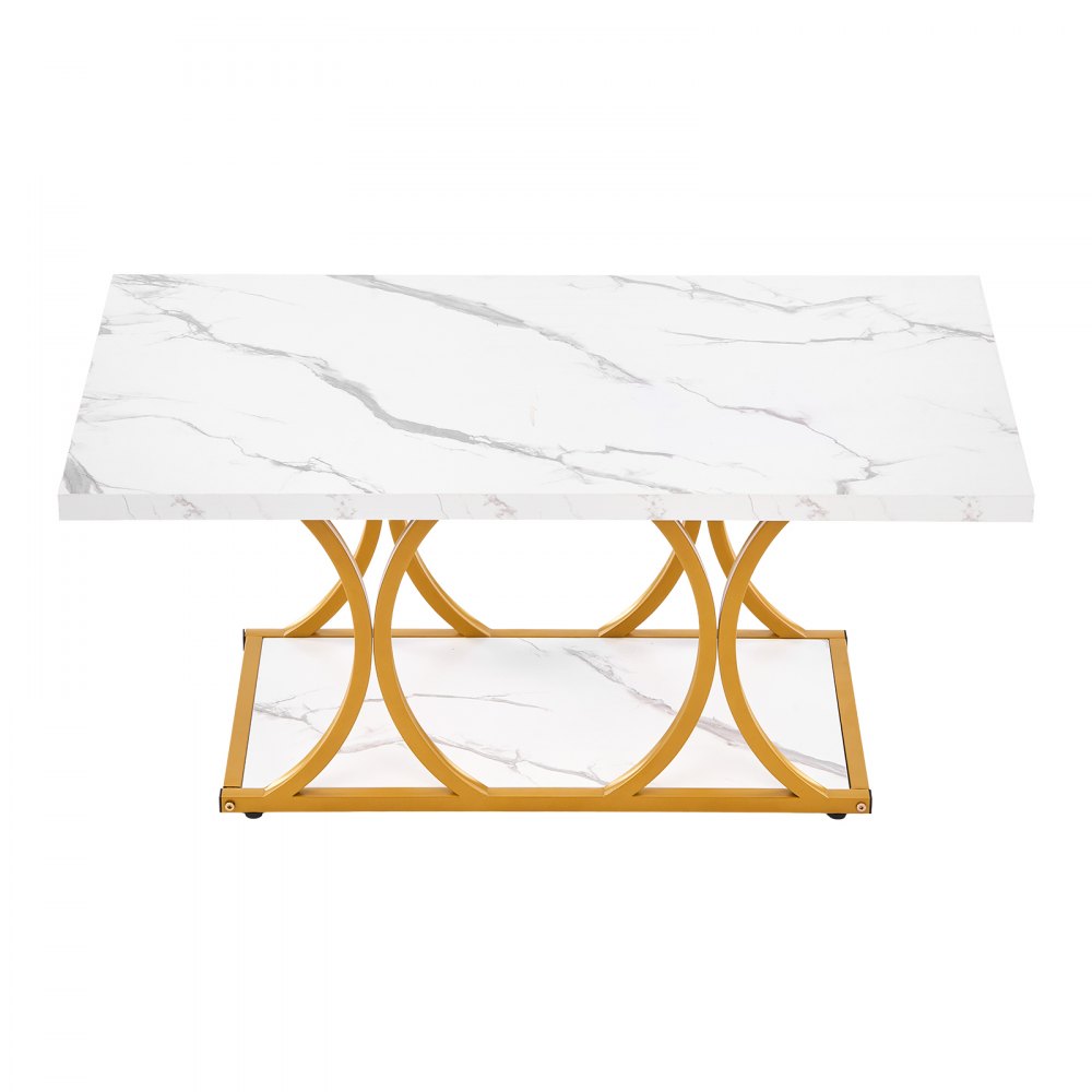 VEVOR salongbord, moderne salongbord i imitert marmor, rektangulært skrivebord med 2 nivåer og geometriske ben, minimalistisk, solid metallramme, aksentbord for stue og kontor, enkel montering, hvit