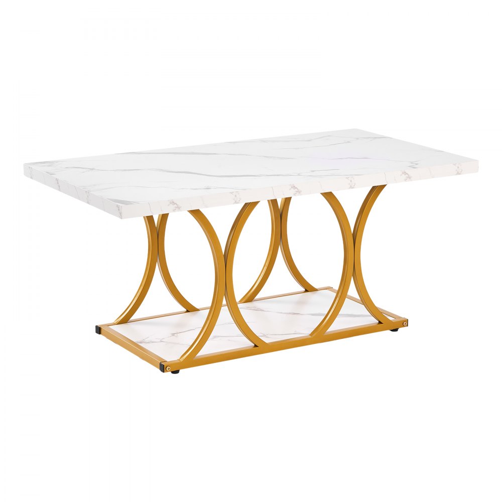 VEVOR salongbord, moderne salongbord i imitert marmor, rektangulært skrivebord med 2 nivåer og geometriske ben, minimalistisk, solid metallramme, aksentbord for stue og kontor, enkel montering, hvit