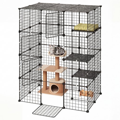 VEVOR kattebur 4-etasjers 104,1 x 71,1 x 139,7 cm DIY kattelekegrind innendørs innhegning, avtakbart metalltrådbur med 4 dører, stort treningssted ideelt for 1-2 katter, kattunger og små dyr, svart