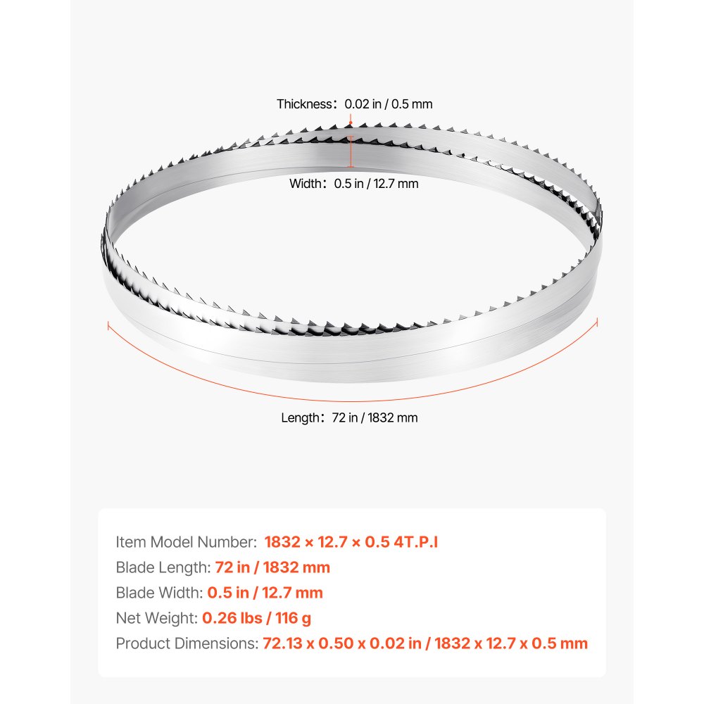 VEVOR Bandsaw Blade, 1832 mm Length, 4 TPI Band Saw Blade with 18 HRC Hardened Sharp Teeth, SK5 High-Strength Carbon Steel, 12.7 mm Width, Replacement for Major Woodworking Band Saw Brands, 1 Pack