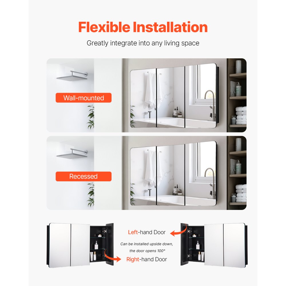 VEVOR medisinskap, 25,5 x 40 tommer, medisinskap for bad med speil, veggskap med aluminiumsramme, justerbare hyller med 4 lag, innfelt og veggmontert installasjon
