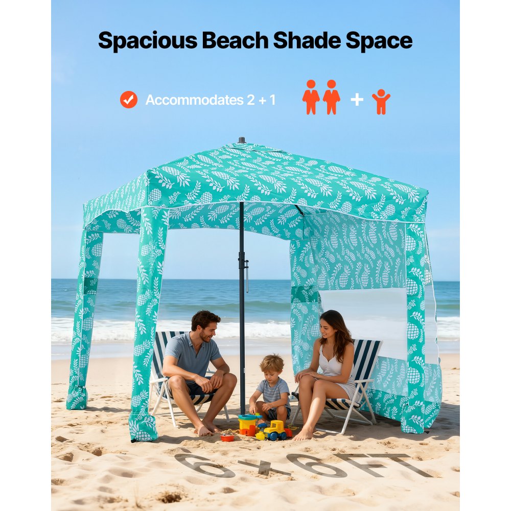 VEVOR Strandcabana, 1,83 x 1,83 m strandtak med sidevegg, UPF 50+ beskyttelse, enkelt oppsett, cabana-telt med sandlommer, stor, bærbar skygge, solskjerm, utendørs parasoll for hele familien og venner
