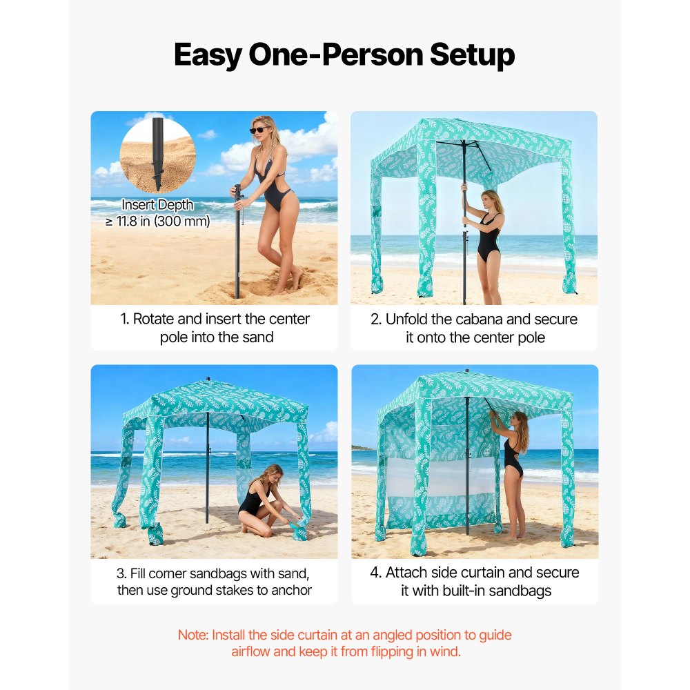 VEVOR Strandcabana, 1,83 x 1,83 m strandtak med sidevegg, UPF 50+ beskyttelse, enkelt oppsett, cabana-telt med sandlommer, stor, bærbar skygge, solskjerm, utendørs parasoll for hele familien og venner