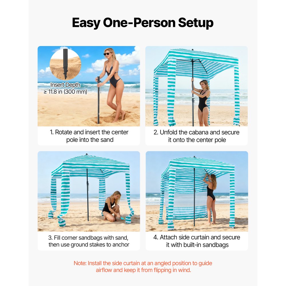 VEVOR strandcabana, 1,83 x 1,83 m strandtak med sidevegg, UPF 50+ beskyttelse, enkelt å sette opp cabana-telt med sandlommer, bærbar skyggefull parasoll for hele familien, venner, grønne striper