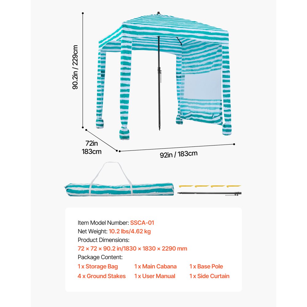 VEVOR strandcabana, 1,83 x 1,83 m strandtak med sidevegg, UPF 50+ beskyttelse, enkelt å sette opp cabana-telt med sandlommer, bærbar skyggefull parasoll for hele familien, venner, grønne striper