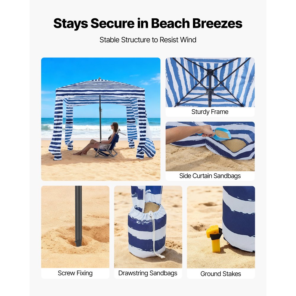 VEVOR Strandcabana, 1,83 x 1,83 m strandtak med sidevegg, UPF 50+ beskyttelse, enkelt å sette opp cabana-telt med sandlommer, bærbar skyggefull solparasoll for hele familien og venner, marineblå striper