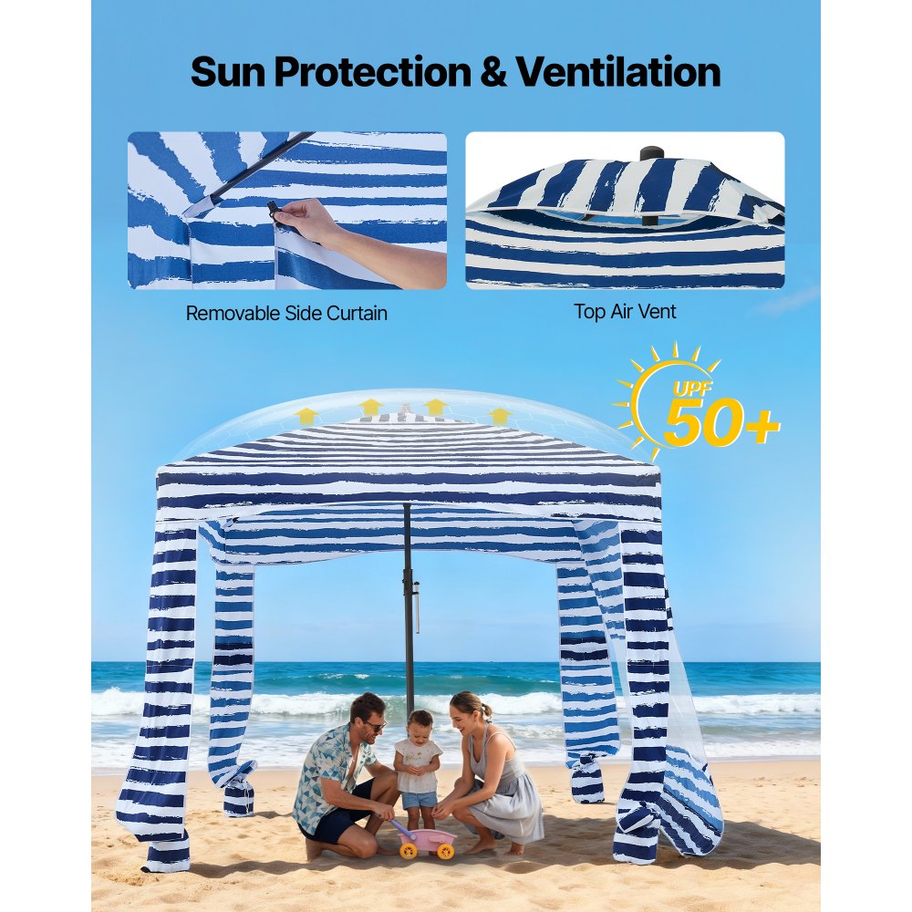 VEVOR Strandcabana, 1,83 x 1,83 m strandtak med sidevegg, UPF 50+ beskyttelse, enkelt å sette opp cabana-telt med sandlommer, bærbar skyggefull solparasoll for hele familien og venner, marineblå striper
