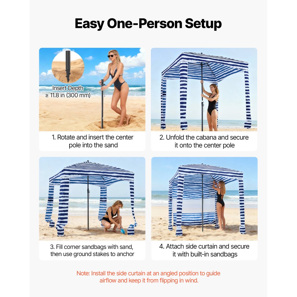 VEVOR Strandcabana, 1,83 x 1,83 m strandtak med sidevegg, UPF 50+ beskyttelse, enkelt å sette opp cabana-telt med sandlommer, bærbar skyggefull solparasoll for hele familien og venner, marineblå striper