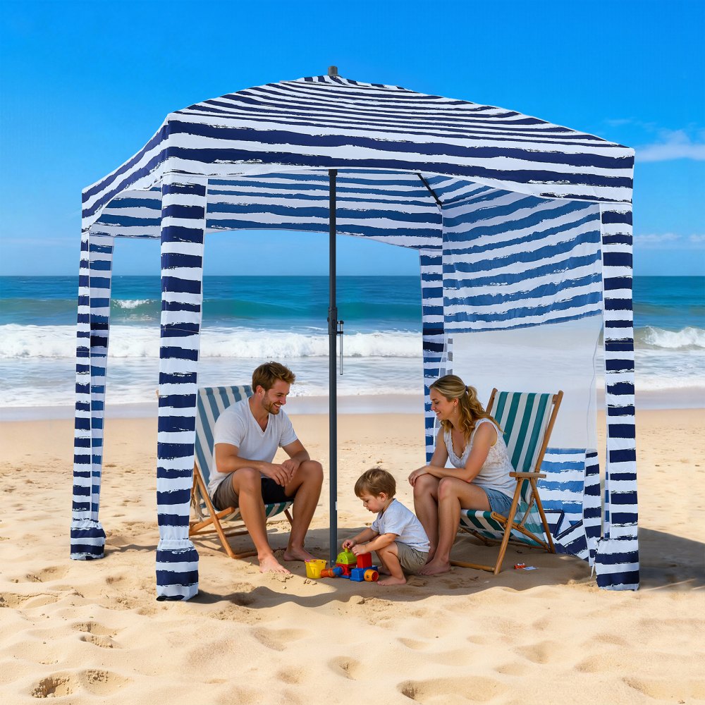 VEVOR Strandcabana, 1,83 x 1,83 m strandtak med sidevegg, UPF 50+ beskyttelse, enkelt å sette opp cabana-telt med sandlommer, bærbar skyggefull solparasoll for hele familien og venner, marineblå striper