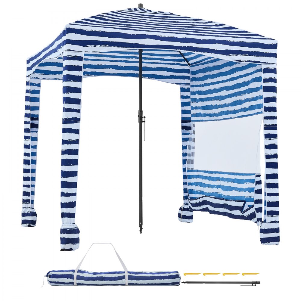 VEVOR Strandcabana, 1,83 x 1,83 m strandtak med sidevegg, UPF 50+ beskyttelse, enkelt å sette opp cabana-telt med sandlommer, bærbar skyggefull solparasoll for hele familien og venner, marineblå striper