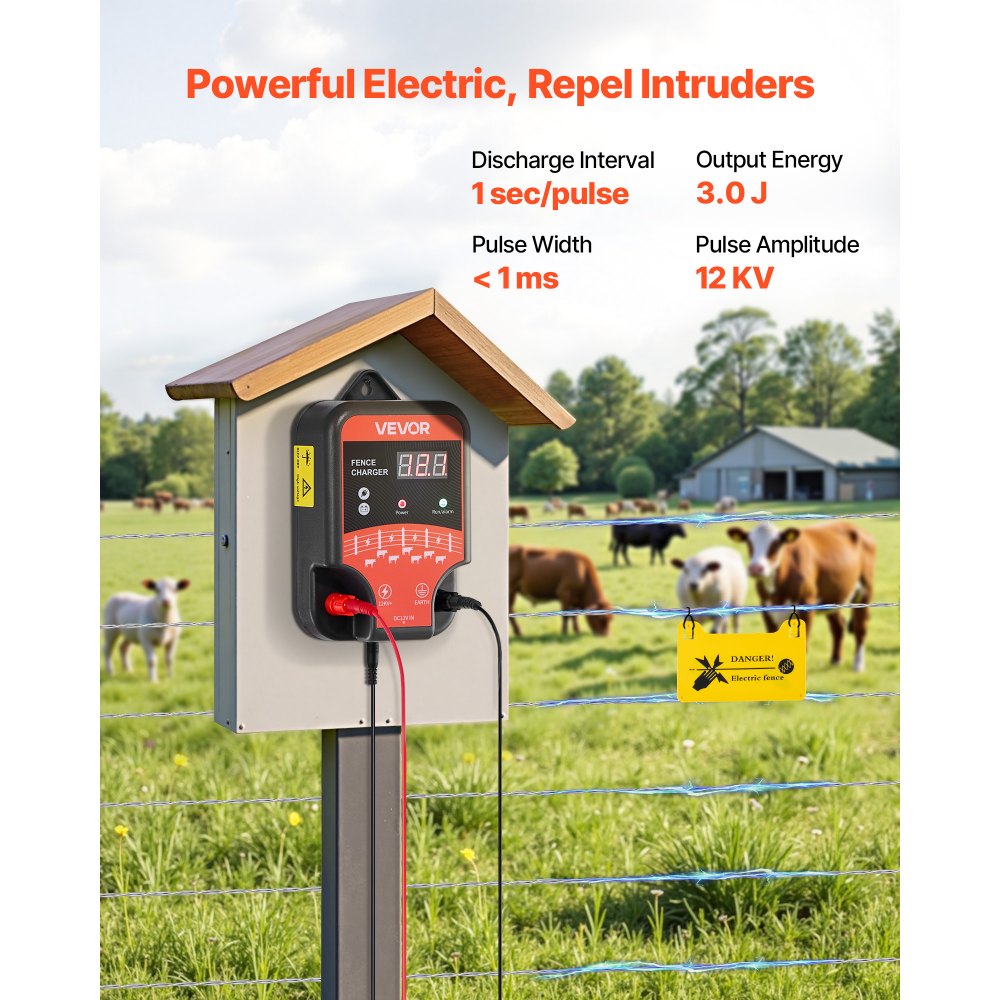 VEVOR elektrisk gjerdelader, 10kV 3J, AC DC elektrisk gjerdeaggregat med LED-indikator, 3 km rekkevidde, kraftig pluggbar gjerdelader, forhindrer inntrenging av ville dyr for husdyr og fjørfe