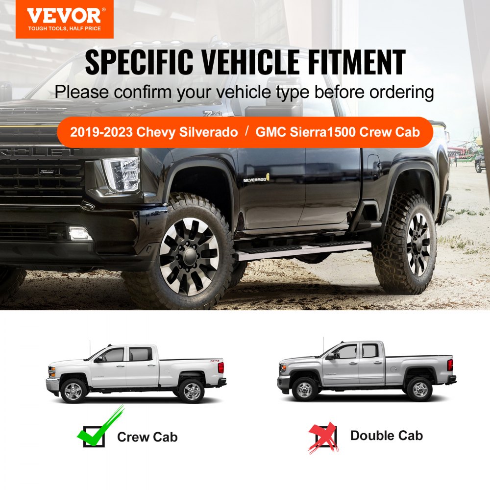 VEVOR stigbrett, 6" trinnstenger kompatible med 2019-2023 Chevy Silverado/GMC Sierra 1500/2020-2024 Silverado/Sierra 2500/3500HD Crew Cab, 201 sidetrinn i rustfritt stål, 500 kg, 2 deler