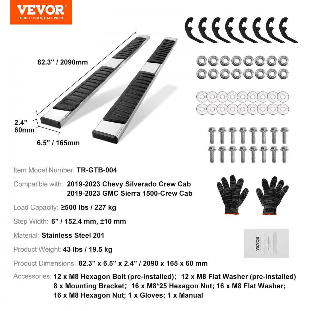 VEVOR stigbrett, 6" trinnstenger kompatible med 2019-2023 Chevy Silverado/GMC Sierra 1500/2020-2024 Silverado/Sierra 2500/3500HD Crew Cab, 201 sidetrinn i rustfritt stål, 500 kg, 2 deler