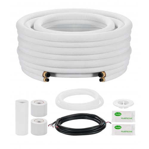 VEVOR 7,6 m mini-splittrørsett, 9,5 og 15,9 mm ytterdiameter AC-kobberrør, 3/8 hvit PE fortykket isolert spole med utvidede muttere, rike beslag, for mini-splitt klimaanlegg, HVAC eller varmepumpesystem