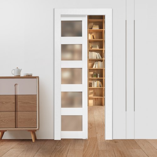VEVOR skyvedør med lomme, 765 x 2035 mm, 5-liters skyvedør i frostet glass med beslag, solide lommedører i heltre og MDF med vanntett overflate for soverom, kjøkken, arbeidsrom