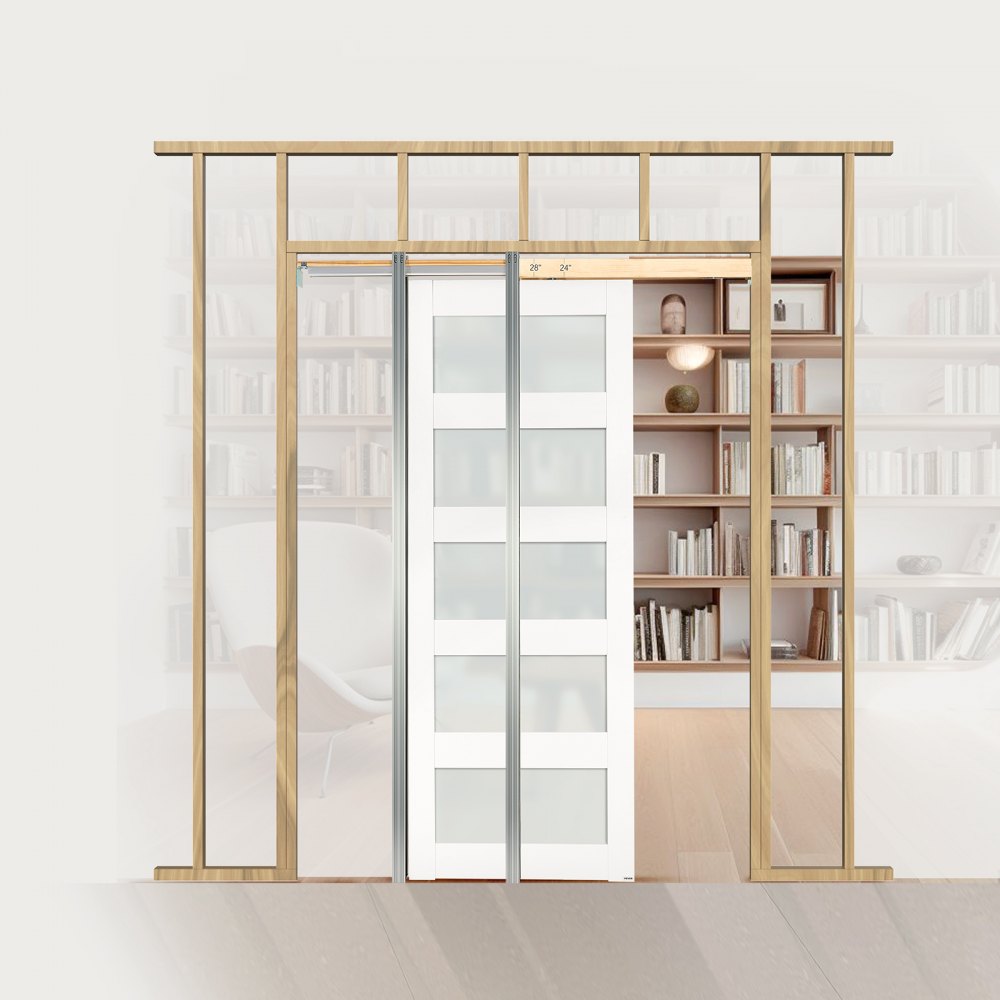VEVOR skyvedør med lomme, 765 x 2035 mm, 5-liters skyvedør i frostet glass med beslag, solide lommedører i heltre og MDF med vanntett overflate for soverom, kjøkken, arbeidsrom