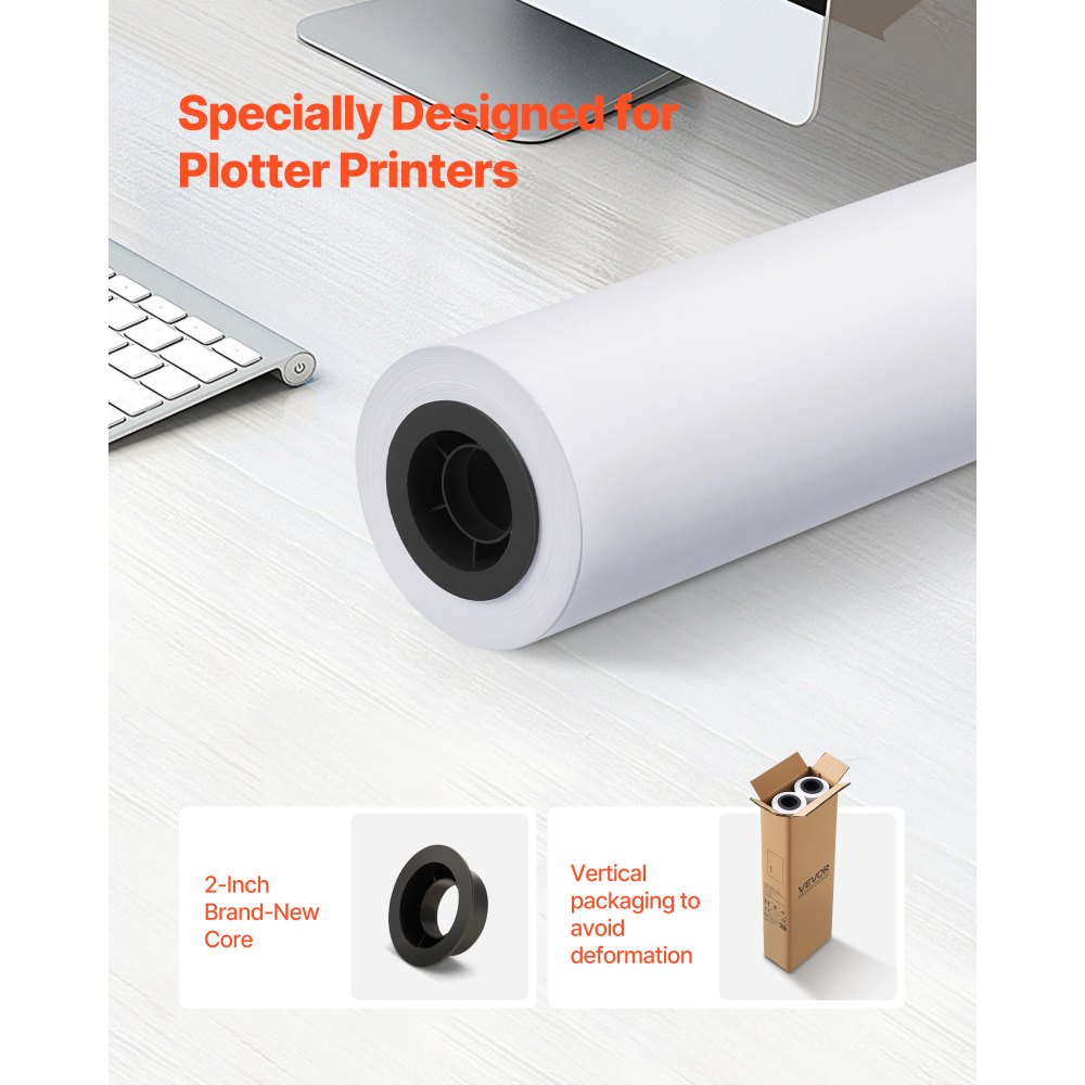 VEVOR storformatpapir, 609,6 mm x 45,7 m plotterrull, 2 ruller CAD-papirruller med 50,8 mm kjerne, 80 GSM plotterruller, for CAD-tegninger, tekniske planer, GIS-kart og arkitektoniske design