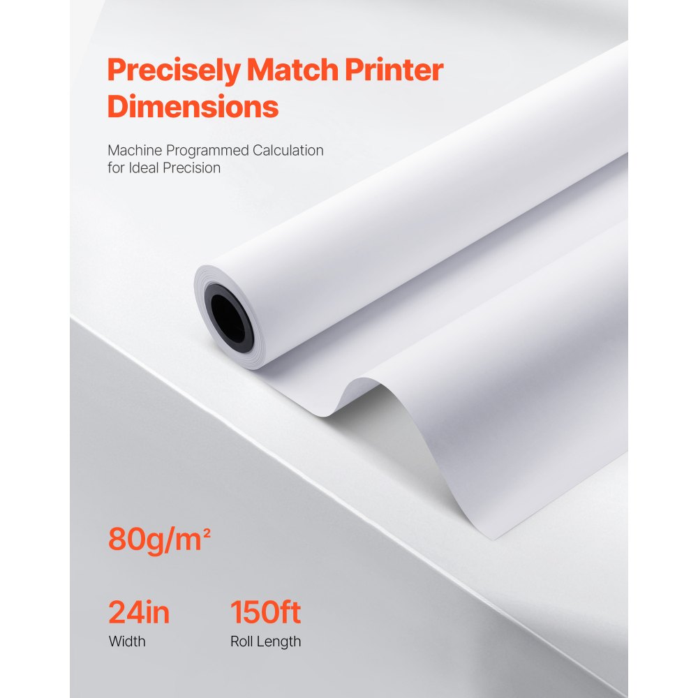 VEVOR storformatpapir, 609,6 mm x 45,7 m plotterrull, 2 ruller CAD-papirruller med 50,8 mm kjerne, 80 GSM plotterruller, for CAD-tegninger, tekniske planer, GIS-kart og arkitektoniske design