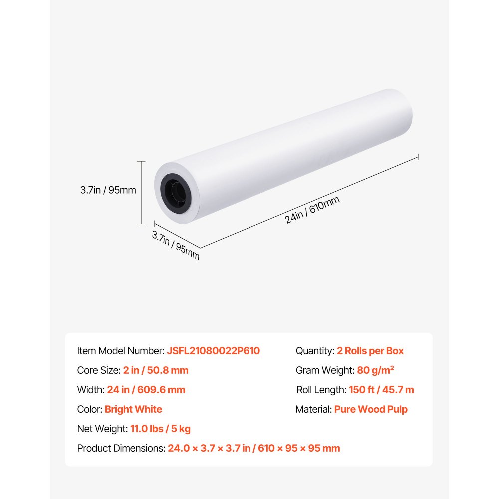 VEVOR storformatpapir, 609,6 mm x 45,7 m plotterrull, 2 ruller CAD-papirruller med 50,8 mm kjerne, 80 GSM plotterruller, for CAD-tegninger, tekniske planer, GIS-kart og arkitektoniske design
