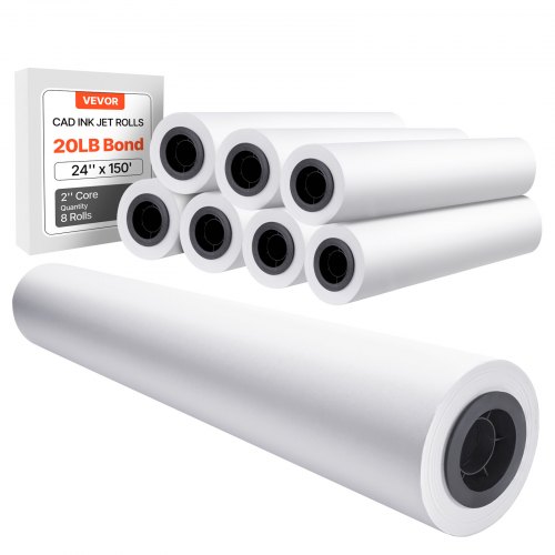VEVOR storformatpapir, 609,6 mm x 45,7 m plotterrull, 8 ruller CAD-papirruller med 50,8 mm kjerne, 80 GSM plotterruller, for CAD-tegninger, tekniske planer, GIS-kart og arkitektoniske design