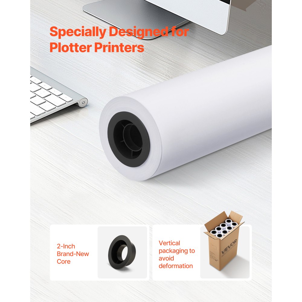 VEVOR storformatpapir, 609,6 mm x 45,7 m plotterrull, 8 ruller CAD-papirruller med 50,8 mm kjerne, 80 GSM plotterruller, for CAD-tegninger, tekniske planer, GIS-kart og arkitektoniske design