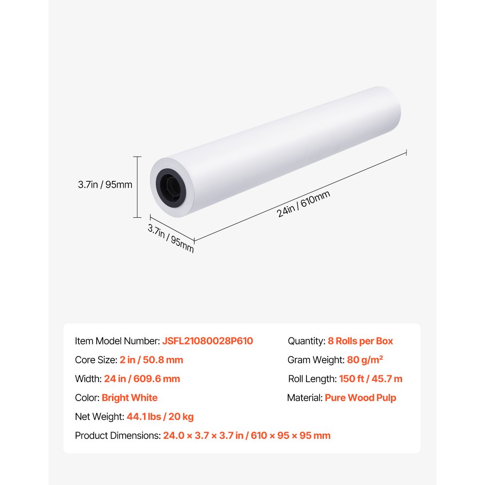 VEVOR storformatpapir, 609,6 mm x 45,7 m plotterrull, 8 ruller CAD-papirruller med 50,8 mm kjerne, 80 GSM plotterruller, for CAD-tegninger, tekniske planer, GIS-kart og arkitektoniske design