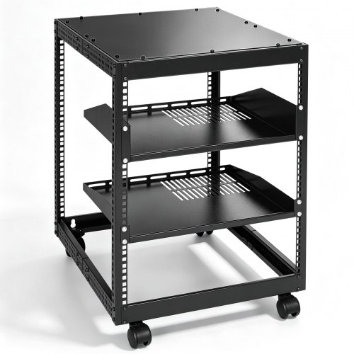 VEVOR 12U åpen ramme serverrack, 58,5–101,6 cm justerbar dybde, frittstående eller veggmontert nettverksserverrack, AV-rack med 4 stolper og hjul, rommer alt nettverksutstyret ditt, IT-AV-utstyr, ruter, modem