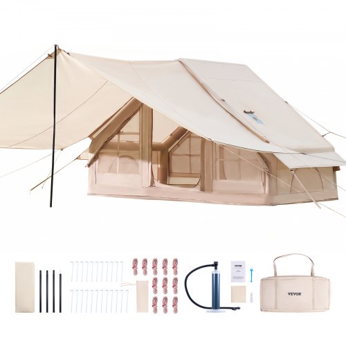 VEVOR Oppblåsbare telt for camping, 3-5 personers enkelt oppsettbart oppblåsbart telt med håndpumpe, 300D Oxford 4-sesongs glampingtelt med baldakin, komfyrjekk, 2 dører og 2 nettingvinduer (oppbevaringspose inkludert)