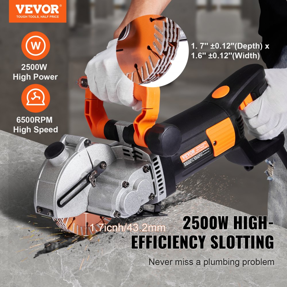 VEVOR Electric Wall Chaser, Wall Groove Cutting Machine 133mm, Groove Cutting Machine Depth 42mm, Wall Slotting Machine 2500W, Wall Cutting Cutter Machine with Water Pump